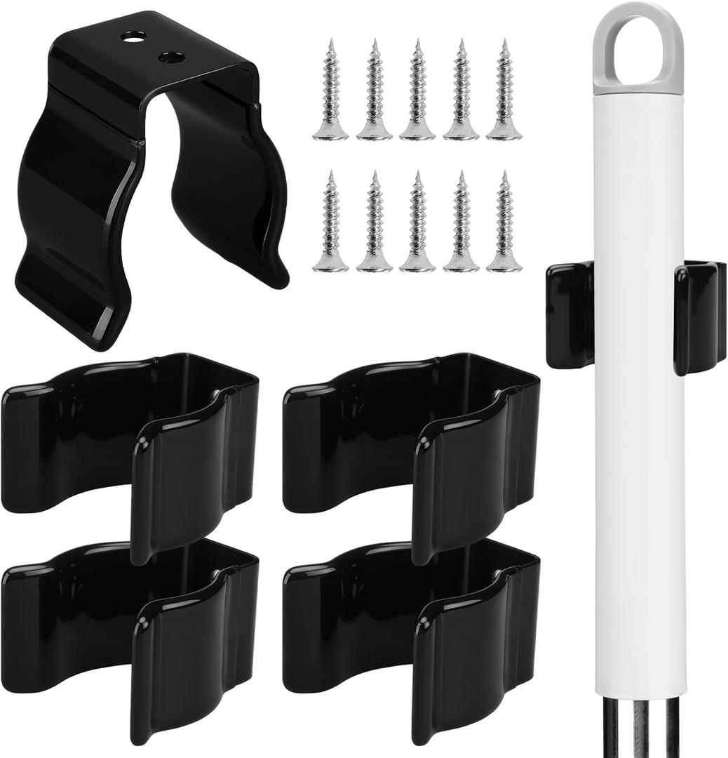 5 Pack Spring Clip Broom Clip with Screws for 1 1/2-1 7/8 Inch Diameter Black Manganese U Shape Steel Clips Holder Bracket for Tools Rakes and Flashlight Pipe Tool Holder Wall Garage Garden