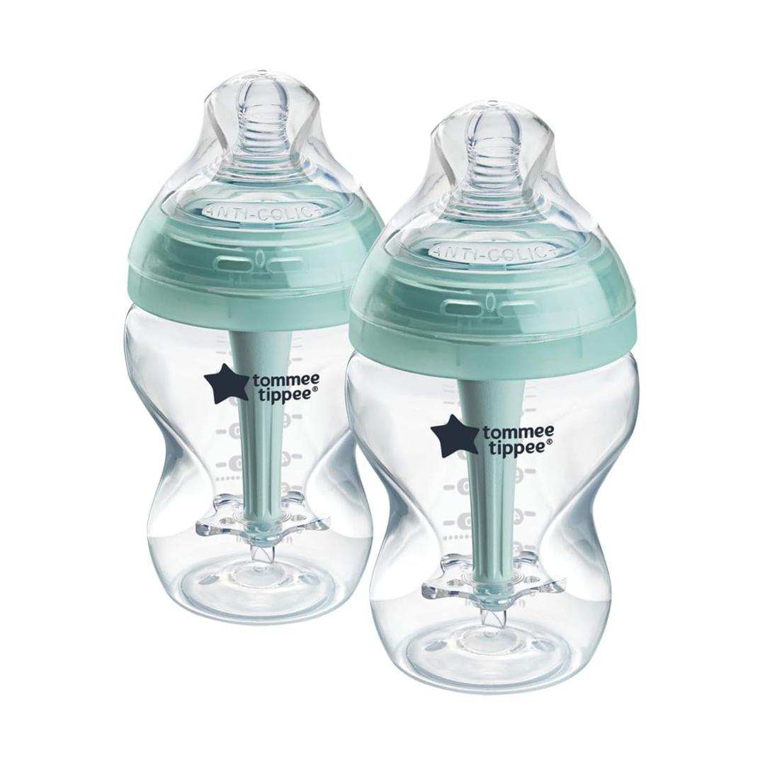 Tommee Tippee Advanced Anti-Colic Baby Bottles, 0m+, Pack of 2, 9oz Baby Bottles, with Slow Flow Breast-Like Nipple for Natural Latch, Self-Sterilizing and BPA Free, Baby Feeding Essentials (2 Count (Pack of 1), CLEAR)