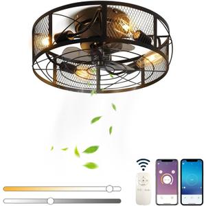 E26 Ceiling Fans with Lights and Remote Control, Vintage Industrial Decorative Caged Ceiling Fan Lamps with APP for Livingeoom, Kitchen, Diningroom, 50CM (Bulb not Included)