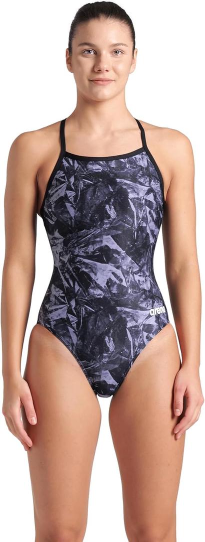 Arena Women's Performance Crackle Team Print Swimsuit Light Drop Back Pro Training Bathing Suit, Black, Size 20