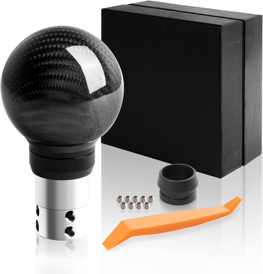 Universal Carbon Fiber Shift knob Round Ball Compatible with Lock/Button Automatic Transmission,Give for Boyfriend Father's Carbon Pattern Gear Shift Gift Box(Black)