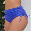 JOYBIK Women's High Waisted Full Coverage Bikini Bottoms Tummy Control Adjustable Drawstring Swim Bottoms (Blue, XXL)