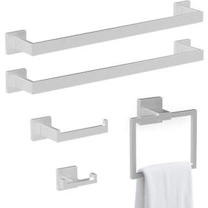 BOZWELL 5 Piece Brushed Nickel Stainless Steel Towel Bar Set, 23.6 inch Square Bathroom Hardware Accessories Set,Wall Mounted Towel Racks for Bathroom