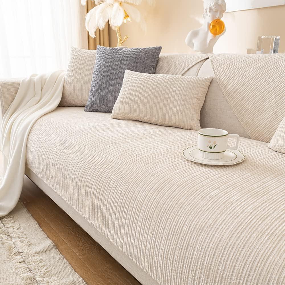 vctops Soft Chenille Sofa Couch Cover Solid Color Striped Weave Textured Sectional Couch Covers Washable Anti-Slip Sofa Slipcover for Dogs Pet, 1 Piece/Not All Set (Cream,35"x70")