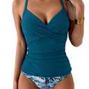 B2prity Women's Ruched Tankini Suimsuits V Neck Wrap Tie Back Two Pieces Bathing Suit Tummy Control Swimwear Blue,Print Medium