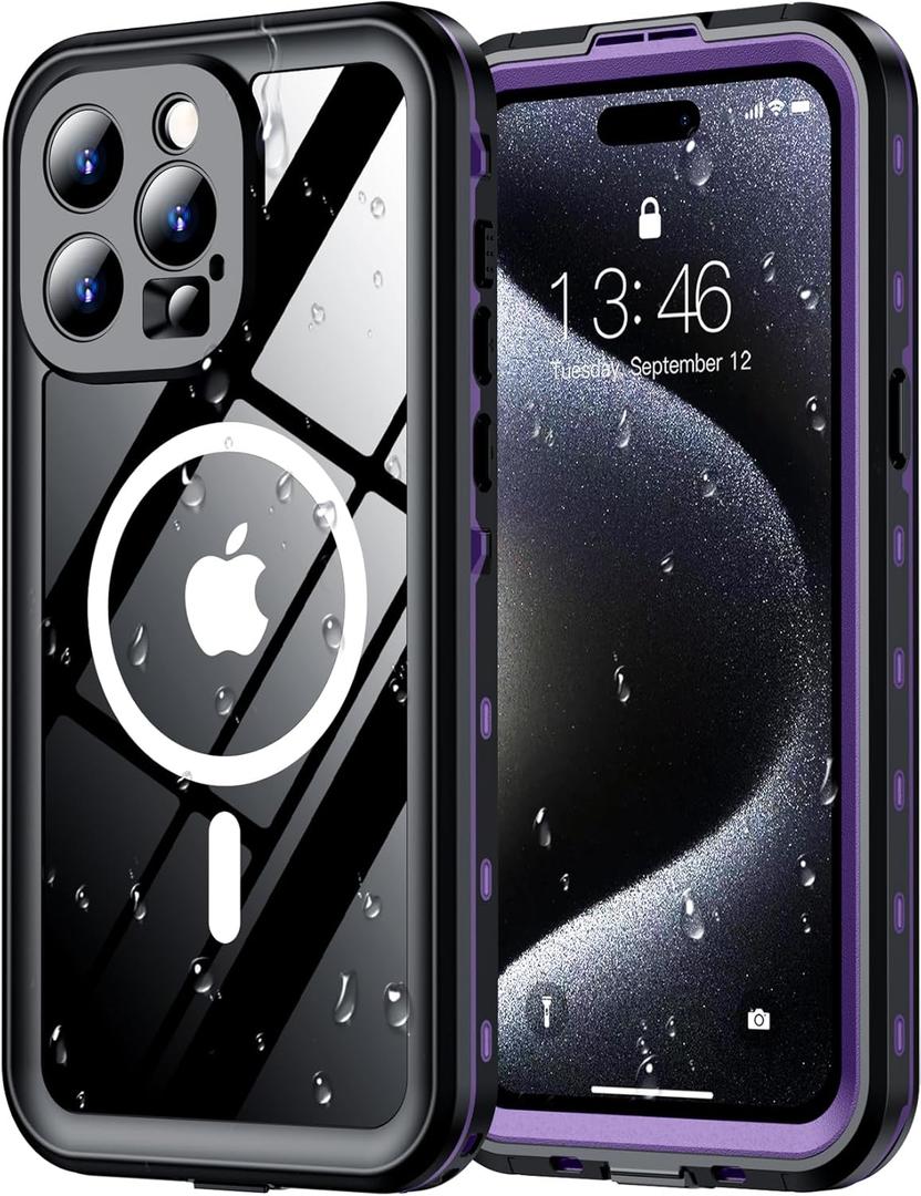 Red2Fire for iPhone 15 Pro Case Waterproof, [Built-in Screen Protector & Camera Protector][Compatible with MagSafe][Full Body Shockproof][IP68 Waterproof][Dustproof] Phone Case 6.1" Purple/Clear