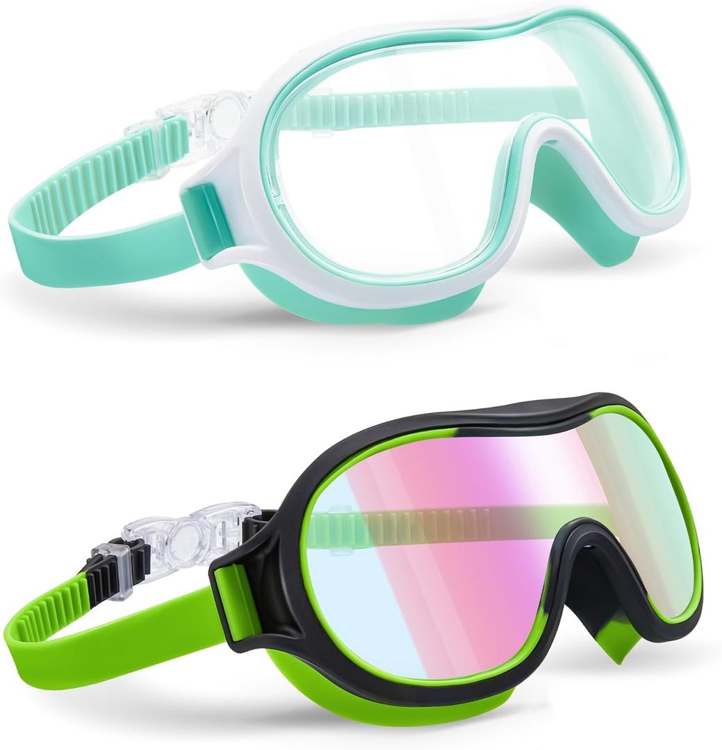 Aegend 2 Pack Swim goggles for Kids 3-15, Anti-Fog Anti-UV Wide Vision Waterproof, No leak Swimming goggles for Boys Girls (Black-green & Light Green)
