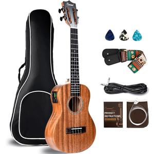 26 inch Caramel CT402 All Solid Mahogany Tenor Ukulele LCD color display Electric Uke Beginners Guitar Starter Pack Bundle Gig bag Strap Ukelele Set (All Solid Mahogany Electric Tenor)