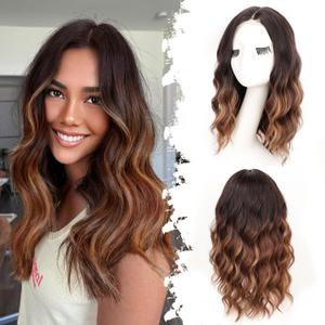 Ombre Brown with Highlights Short Wavy Wig for Women Lace Hairline Bob Style Synthetic Heat Resistant - Natural Appearance for Everyday Hairstyle 18 Inch