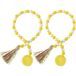 2 Pieces Lemon Wood Bead Garland with Tassels Farmhouse Rustic Lemonade Bead Garland with Lemonade Sign Summer Lemonade Slice Tiered Tray Decor Prayer Boho Bead for Holiday Home Decor (Bright Color)