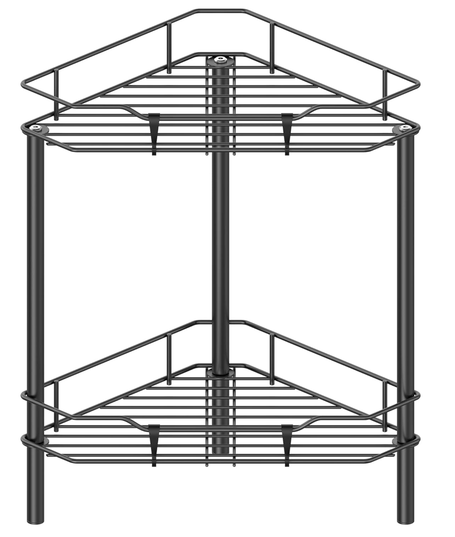 HuggieGems 2 Tier Floor Standing Corner Shower Caddy Organizer Shelf with Hooks, Bathroom Shelves Stand Rack, Black