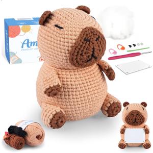 Crochet Kit for Beginners  Capybara Crochet Animal Kit with Pre-Started Yarn, Step-by-Step Video Tutorials for Adults&Kids, Writable Positive Card, Original Design Pattern - Perfect Christmas Gifts