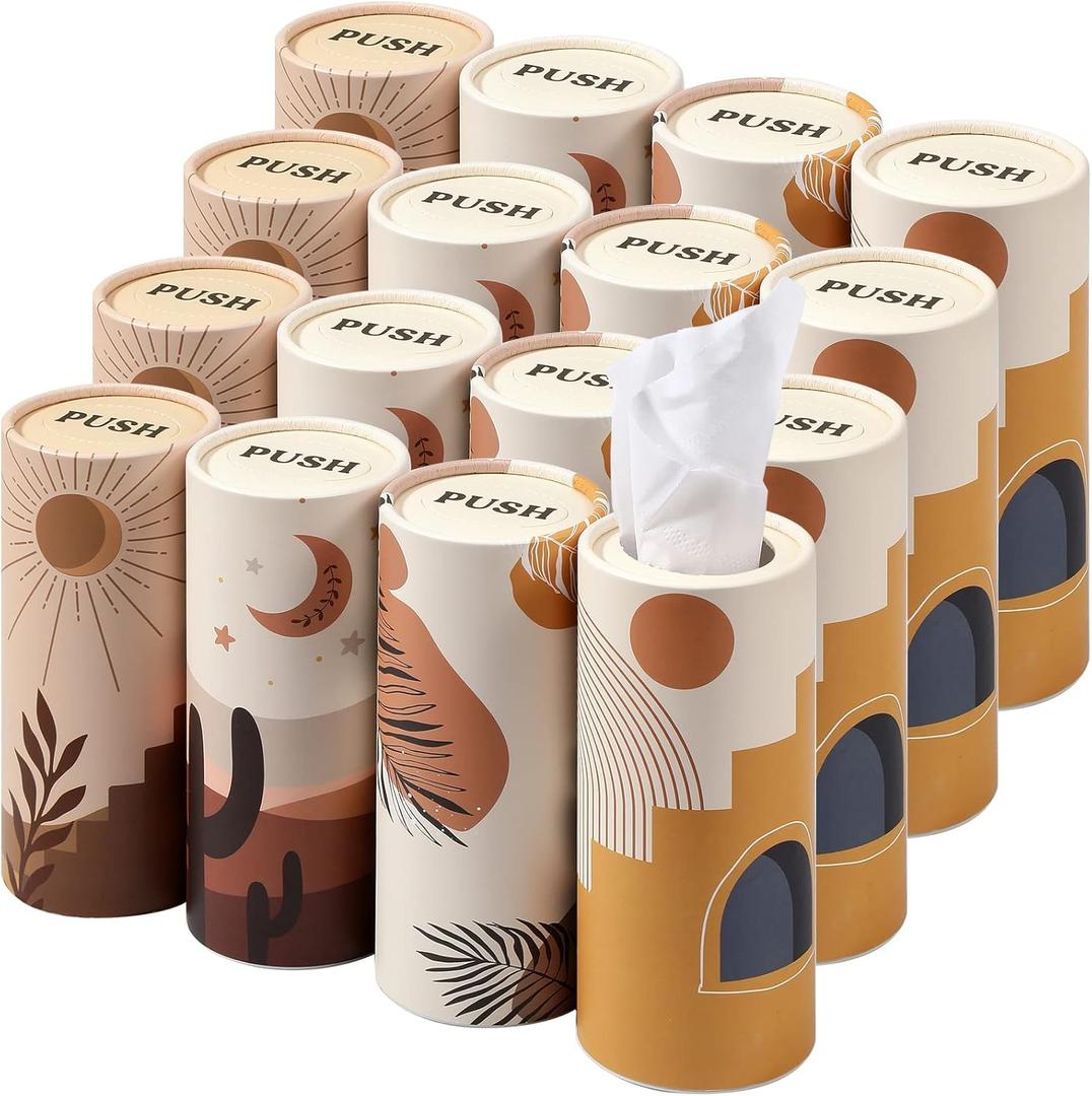 Tatuo 16 Pack Car Tissues Cylinder Holder with 3 Ply Facial Bulk Boho Round Tissue Holder Travel Tissues Boxes Container for Car Cup Wedding Gifts Home Bathroom Office (Warm)