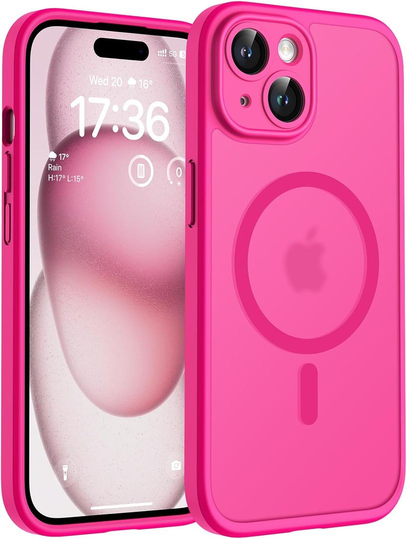 TOCOL Magnetic for iPhone 15 Case, Upgraded Full Camera Protection, Compatible with Magsafe, Drop Protection, Translucent Matte Back Bumper Phone Cover 6.1Inch (Hot Pink)