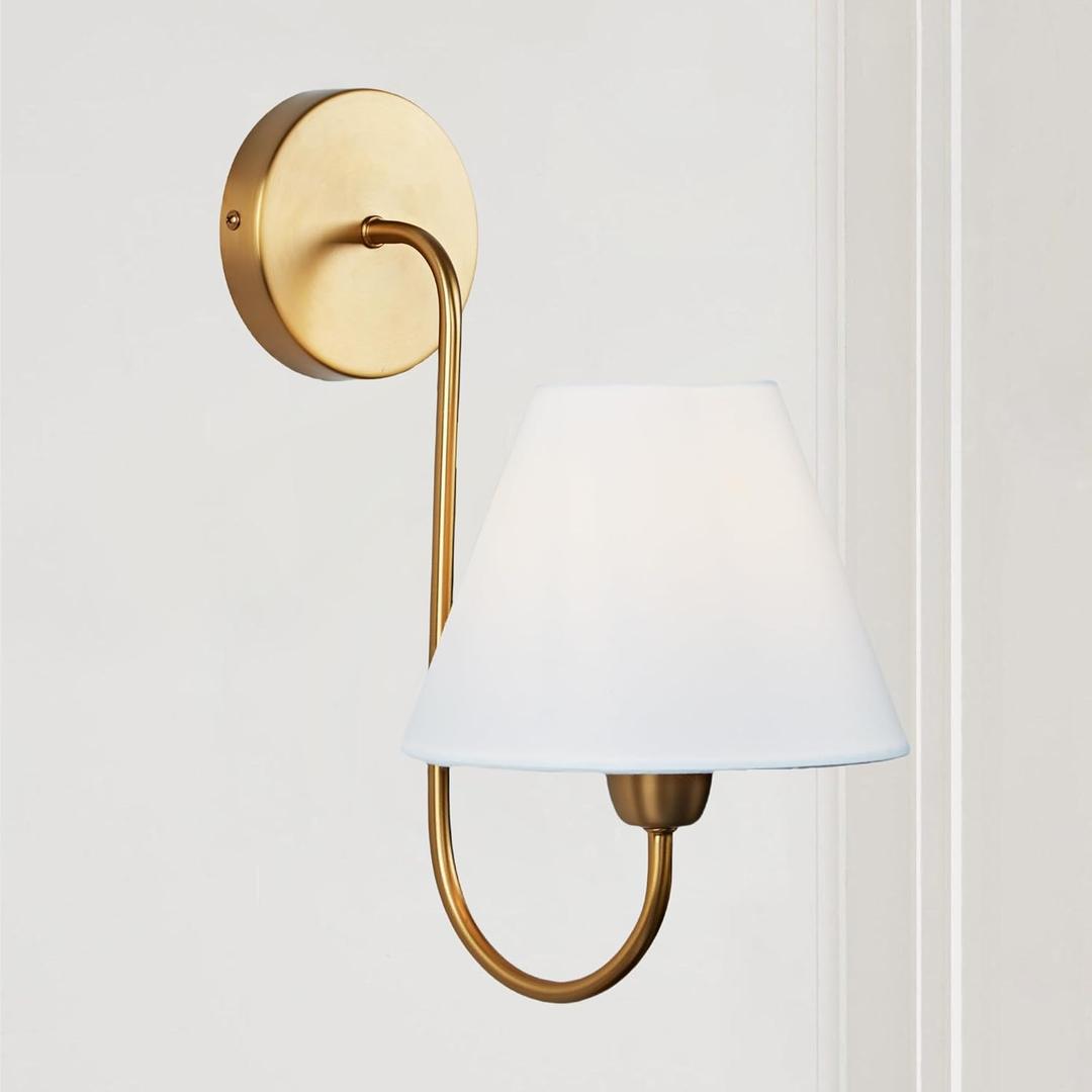 Generic Vintage Elegant Linen Shade Single Swoop Sconce, Wainwright Single Swoop Sconce 2024, 7.5"" w x 11"" d x 14"" h (Brass)