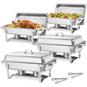 VEVOR Rectangle Chafing Dishes, 9 Qt 4 Pack Stainless Steel Chafing Dish, Food Warmer Chafer Complete Set with Hollow Handle, 2 Food Tongs, Lid, Canister Holder, Chafer Dishes for Banquet Wedding