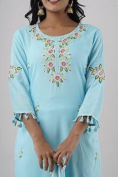 VRD Women's Rayon Regular Kurta with Pant & Dupatta || Pom-Pom Kurta Set For Girls ||Salwar Suit Set, Size L