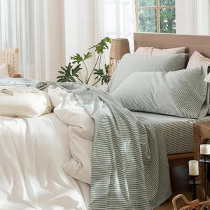 MooMee Striped Sheet Set 100% Washed Cotton Linen Like Textured Breathable Durable Soft Comfy (Heathered Green Classic Stripes 80x90 Inch)