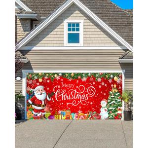 Christmas Garage Door Cover, 13x6ft Large Garage Door Christmas Decorations, Santa Claus Snowman Cover Banner Backdrop for Xmas Indoor Outdoor Decor Party Photo Background Decoration (Red)
