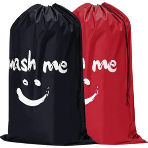 HOMEST 2 Pack XL Wash Me Travel Laundry Bag, Dirty Garments Organizer, Large Enough to Hold 4 Loads of Clothes, Easy Fit a Hamper or Clothing Basket, Black and Red ((-Wash me)Black & Red)