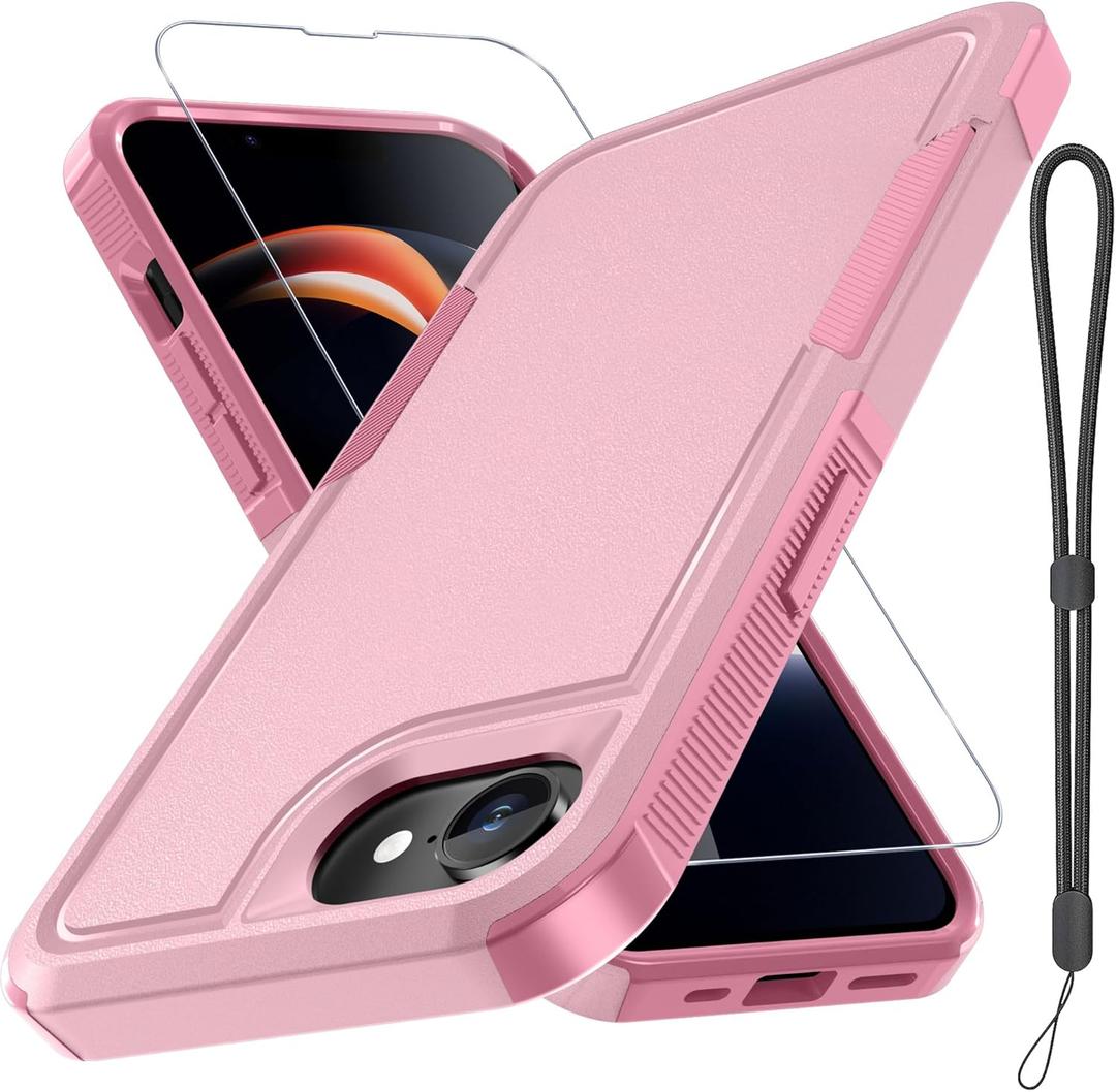 RMOCR for iPhone 16e Case & iPhone 17e Case, with Screen Protector,Military Grade Heavy Duty Shockproof Phone Cover with Wrist Lanyard Strap for iPhone 16e & iPhone 17e,Cute Pink