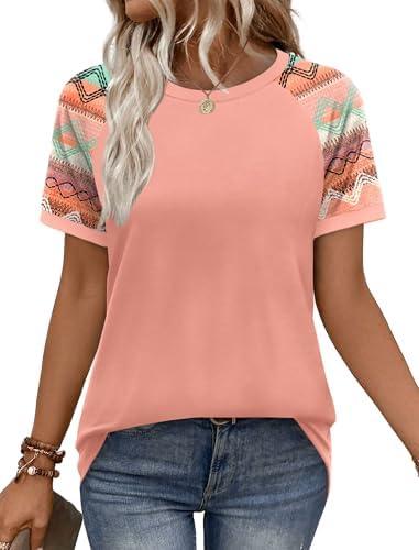 WIHOLL Womens Summer Tops Color Block Short Sleeve Raglan Shirts Spring Fashion Clothes Vacation Outfits Size Large