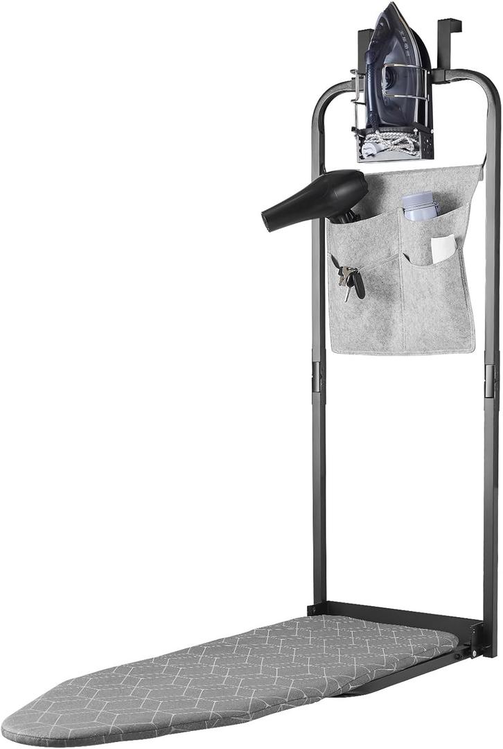 Over The Door Ironing Board 14x42 inches with Iron Holder and Pocket Storage Bag, Hanging Iron Board for Home Laundry Room, Black