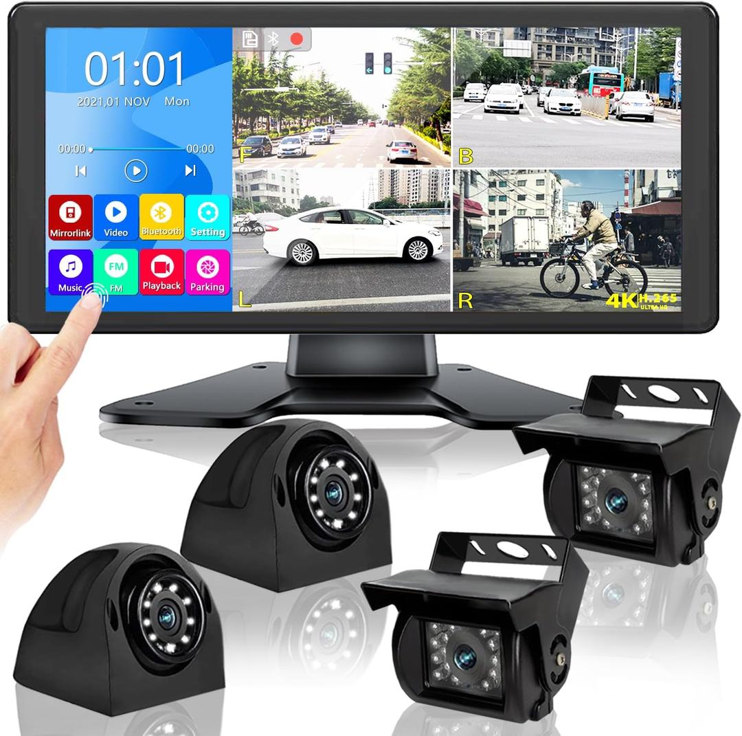RV Backup Camera System with 10.36 4K Monitor for RV Truck Bus Trailer with 4 Rear/Side View 1080P HD Cameras 4 Splits Touch Screen DVR Recording IP69 Waterproof Bluetooth Music Video Avoid Blind