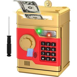 Piggy Bank, Automatic Electronic Piggy Bank for Kids Boys Girls with Password and Fingerprint Unlocking Simulation, Money Bank Kids Safe Toys for 3 4 5 6 7 8 9 10 Year Old Boy Girl (Gold)