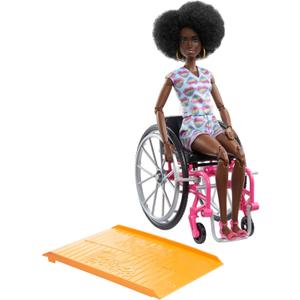 Barbie Doll with Wheelchair and Ramp, Kids Toys, Barbie Fashionistas, Curly Black Hair, Rainbow Heart Romper, Clothes and Accessories