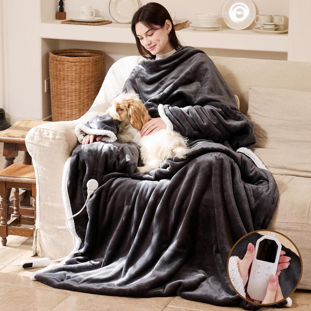 Wearable Heated Blanket with Foot Pocket - Electric Blanket with Sleeves, Portable Heated Throw Blanket for Women Men, Heated Snuggie with 8 Heating Levels, 1 to 12 Hours Time Settings, 70" x 50"