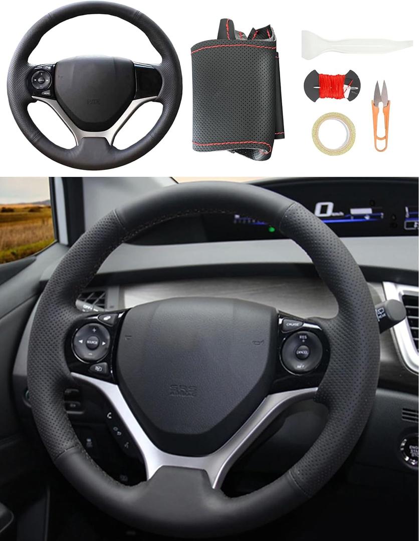 Leather Steering Wheel Cases Car Steering Wrap Stitch Steering Wheel Cover Fit for Honda Civic Civic 9 2012 2013 2014 2015,Red