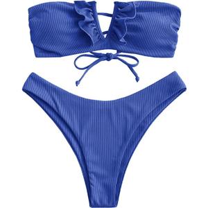 ZAFUL Women's Strapless Ribbed V Wired Lace Up Ruffle Tie High Cut Bandeau Swimsuits Bikini Set (0-royal Blue)