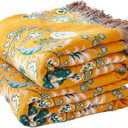 Boho Throw Blanket, 100% Cotton Soft Sofa Bed Throw-Floral Farmhouse Decor Blanket, Reversible Bohemian Throw for Chair Couch Quilt and Gift, 80" x 90"-Yellow (Flower-art)