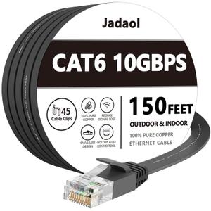 Jadaol Cat 6 Ethernet Cable 150ft (45.72m), Outdoor & Indoor, 10Gbps Support Cat 8 Cat 7 Network, Long Flat Internet Lan Patch Cord, Cat6 High Speed Weatherproof Cable for Router, Modem, Switch, Black