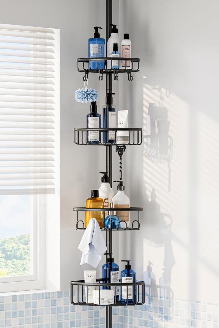 Corner Shower Caddy Tension Pole: Stainless Steel Rustproof 4-Tier Shower Organizer - 47-121 inch Adjustable Bathroom Shelves for Bathtub Shampoo Storage - Tension Rod Floor Standing Bath Rack - Black
