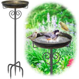 Metal Bird Bath for Outside,Vintage Freestanding Bird Bath with Metal Stake Upgraded 5 Pronged Base Detachable Birdbaths Feeder Bowl for Outdoors Garden Patio Yard Lawn Decor (Vintage Gold)