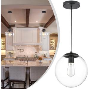 KoKo&Yukina 10" Globe Pendant Light Black Mid Century Pendant Light Mid Century Adjustable Hanging Light Fixture Matte Black Finished with Clear Glass Lampshade for Dining Room Bedroom Kitchen Island (10 inch, Clear & Black)