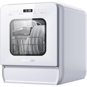 AIRMSEN Portable Countertop Dishwasher with 5L Water Tank, Mini Dishwasher with 14.6 Ultra-Narrow Design, 9 Programs, 24H Delay Start & 360 Dual Spray, No Hookup Needed, C01, White (4 Place Settings)