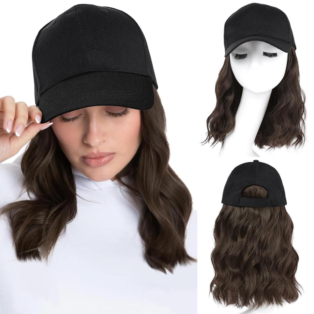 AISI QUEENS Hat Wig Hat with Hair Attached for Women Cap with Hair Attached for Women Baseball Cap Wig Extensions Short Wave Synthetic Adjustable for Daily Use (16 Inch, 6A)