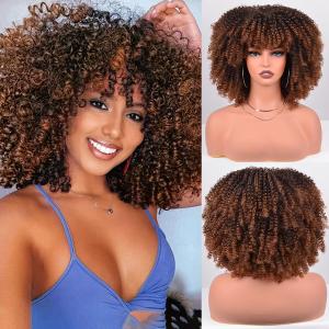 Vitorish Synthetic Wig 12 Inches Curly Afro Wig With Bangs about 280g/Piece Full Machine Made Afro Kinky Curly Hair Cosplay (Black to Brown)