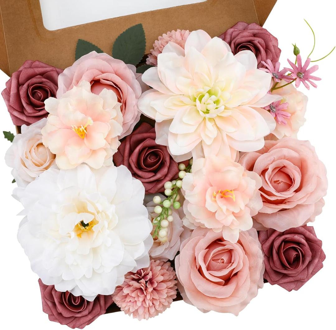 Floweroyal Artificial Flowers Combo Pink Flowers Mix Silk Flowers Dahlia Roses with Stems for DIY Wedding Bridal Bouquets, Baby Shower, Floral Arrangement, Table Centerpieces, Home Decorations (Blush Pink & Light Champagne)
