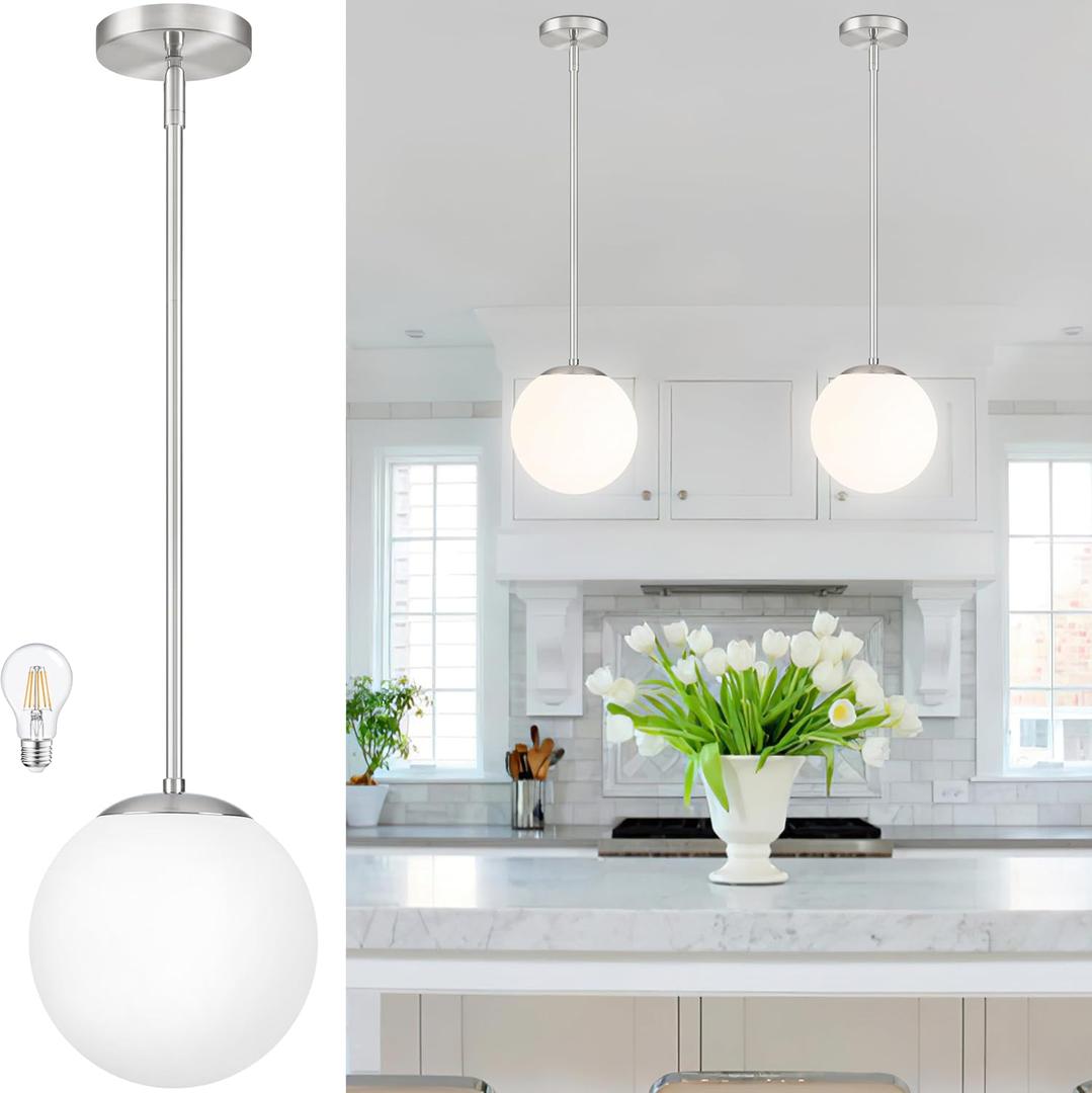 Bagood 8 Inch Globe Pendant Light Nickel Globe Pendant Lights Kitchen Island Mid Century Light Fixture with Milky White Glass Contemporary Adjustable Hanging Lights for Dining Room (Bulb Included)