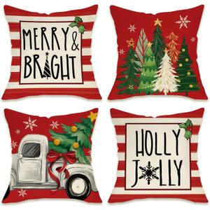 3 x Fahrendom Christmas Tree Truck Decorative Throw Pillow Covers 18 x 18 Set of 4, Xmas Merry Bright Holly Jolly Porch Patio Outdoor Pillowcase, Winter Holiday Stripes Sofa Couch Cushion Case Home Decor
