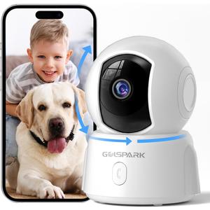 GOLSPARK Indoor Security Camera 2K, Pet Camera for Home Security, Dog Cam Pan/Tilt, Motion Tracking, 2-Way Audio, Night Vision Baby Monitor, Siren Alert, 24/7 Cloud &SD Card Storage, 2.4GHz (White)