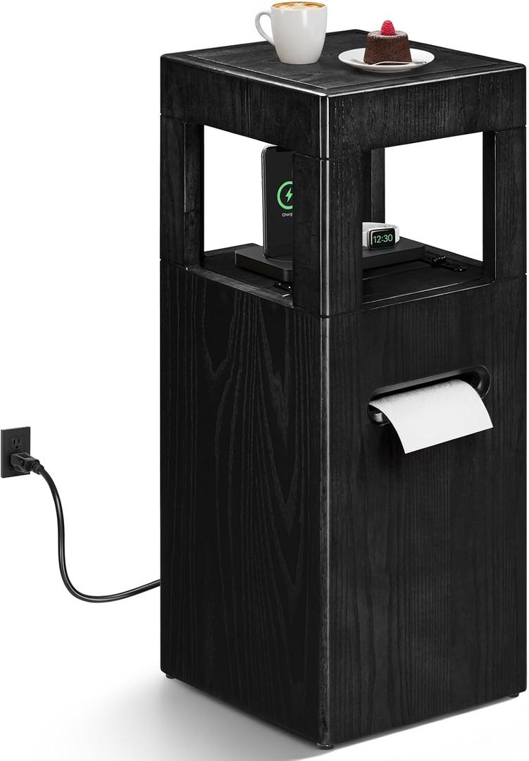 Modern Square End Table with Charging Station for Living Room, 11.5 x 11.5 x 25.6, Mini Accent Side Table for Small Space, Simple Nightstand for Bedroom (Black)