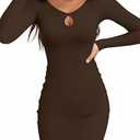 Valiamcep Women's Long Sleeve Dress Cutout Keyhole Neck Bodycon Dresses Ribbed Party Mini Dress Brown Small