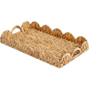 StorageWorks Large Wicker Scalloped Edge Serving Tray, Rectangle Tray with Built-in Handles, Hand-Woven Scalloped Rattan Tray, Wicker Trays for Dcor, Natural Water Hyacinth (19.8" x 11.8" x 2.8")