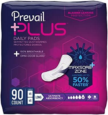 Prevail Plus | Long Length Incontinence Bladder Control Pads | Ultimate Absorbency | 90 Count (2 packs or 45)