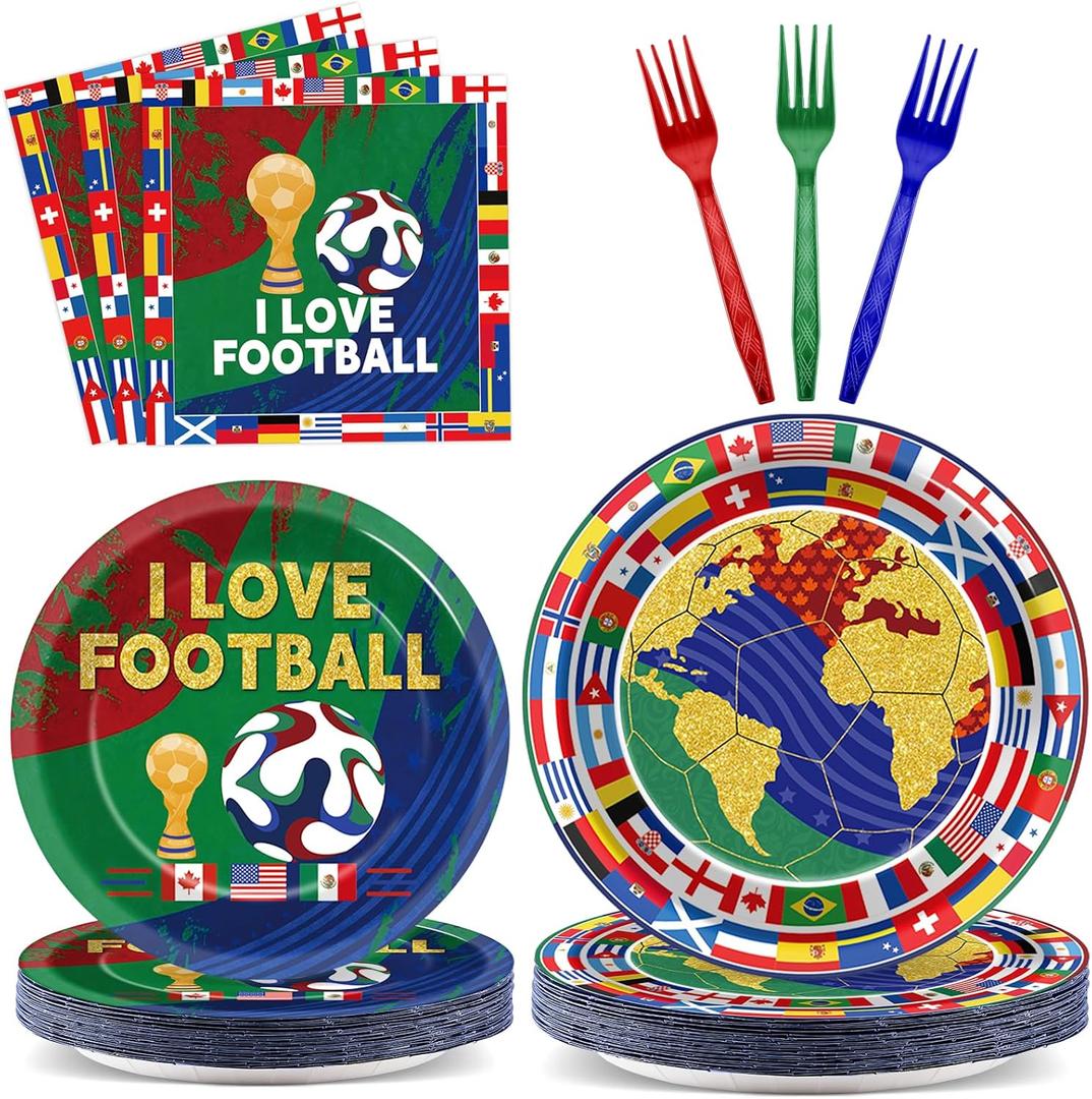 96Pcs 2026 World Soccer Tournament Cup Party Plates and Napkins Soccer Theme Decoration Football Sports Events Paper Disposable Plates Sport Tableware Set for International World Flags Favors 24 Guest